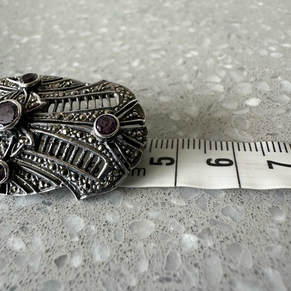 Art Deco Sterling Silver Natural Amethyst & Marcasite Brooch Stamped Makers Mark - Picture 11 of 11